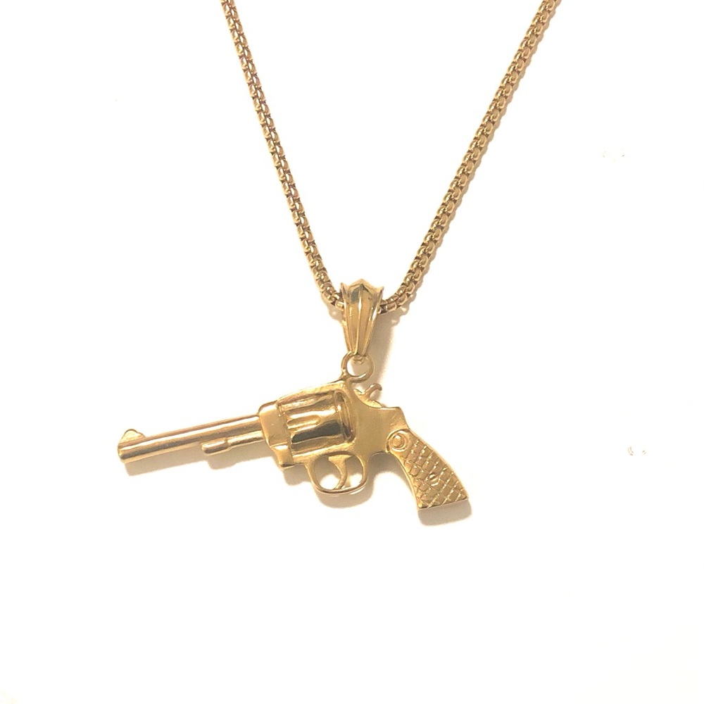 Stainless Steel Revolver Pistol Necklace
